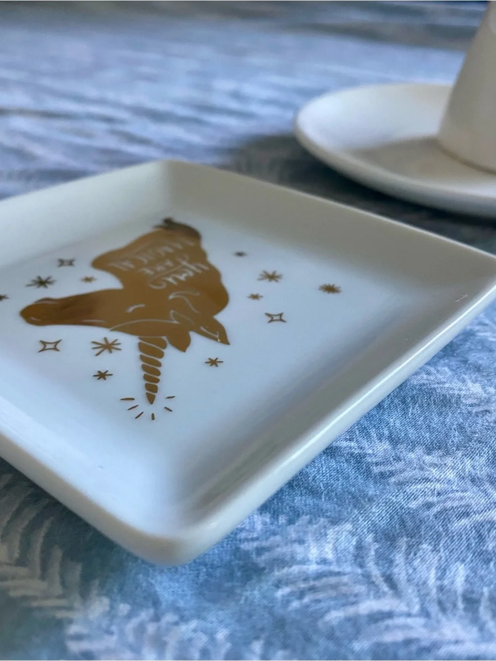 White Unicorn Ring Dish & Square Trinket Tray Set - White and Gold Ceramic